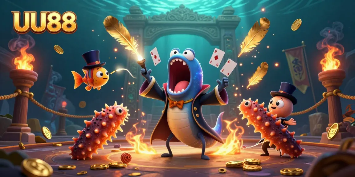 Experience thrilling card tricks with UU88's unique characters in a vibrant casino atmosphere.