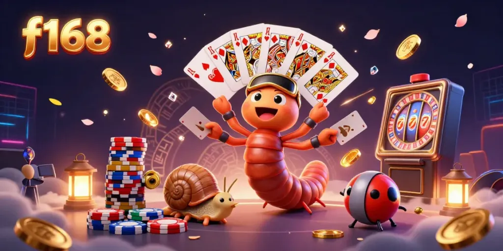 Engage in ultimate fun with the f168 casino as charming characters deal cards, surrounded by dazzling game elements.