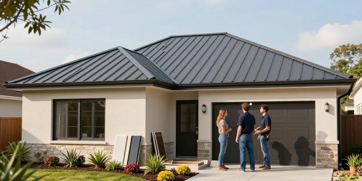 Metal roofing case studies highlighting standing seam installations with homeowners and contractor in an engaging environment.