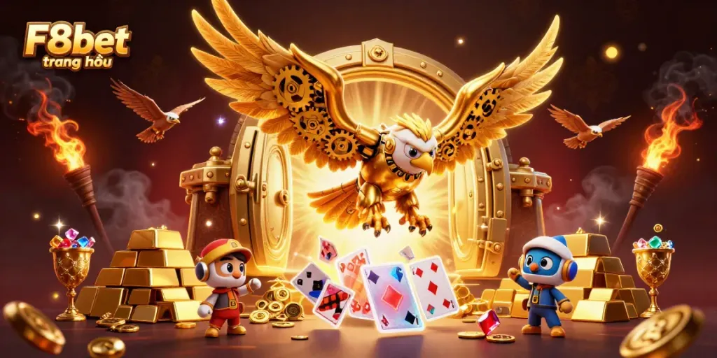 Experience the excitement of F8bet trang chủ with a dazzling golden eagle soaring through a vibrant casino world.