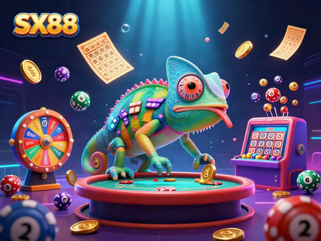 SX88 chameleon casino owner attracts players with vibrant games and golden coins falling.