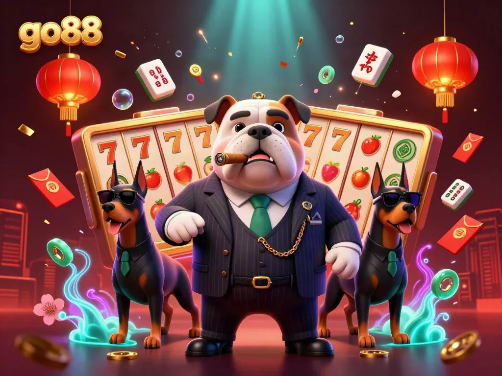 Experience the excitement of go88 with a vibrant 3D illustration of a mafia bulldog and Doberman bodyguards surrounded by casino elements.