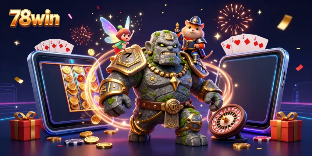 Experience thrilling gameplay with 78win as a golem guardian and fairy cast magic in a vibrant casino scene.