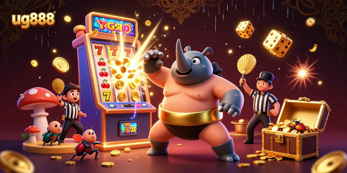 Experience thrilling gameplay at ug888 with a cartoon rhinoceros beetle champion and dynamic casino elements.