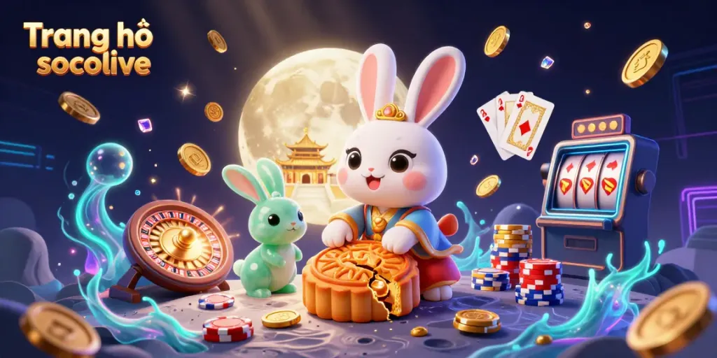 Engage with Trang chủ socolive, featuring a moon rabbit crafting mooncakes that reveal poker chips in a vibrant casino scene.