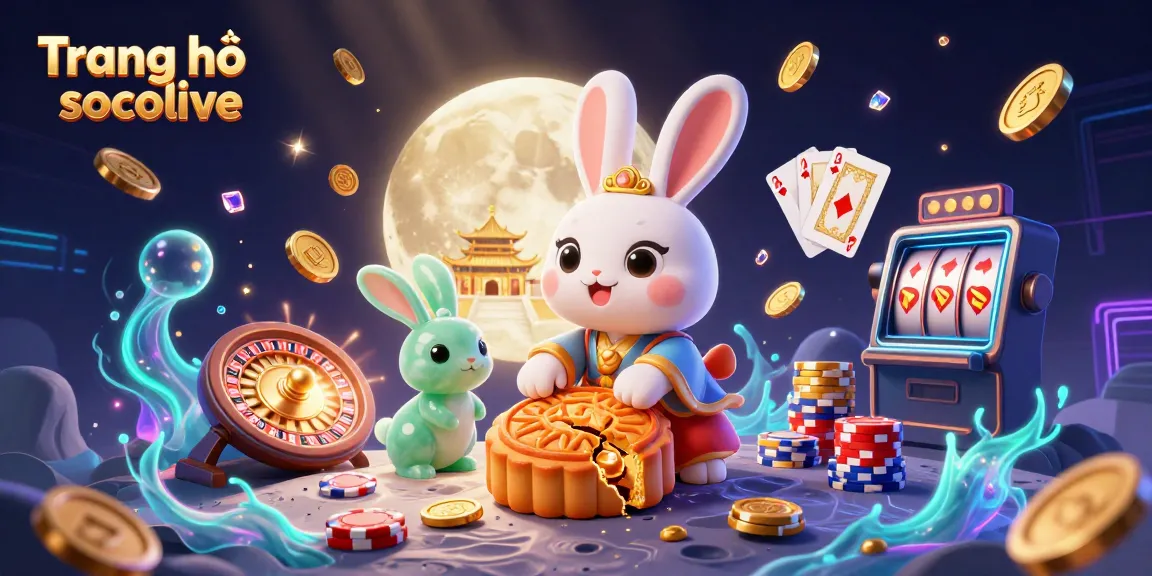 Engage with Trang chủ socolive, featuring a moon rabbit crafting mooncakes that reveal poker chips in a vibrant casino scene.