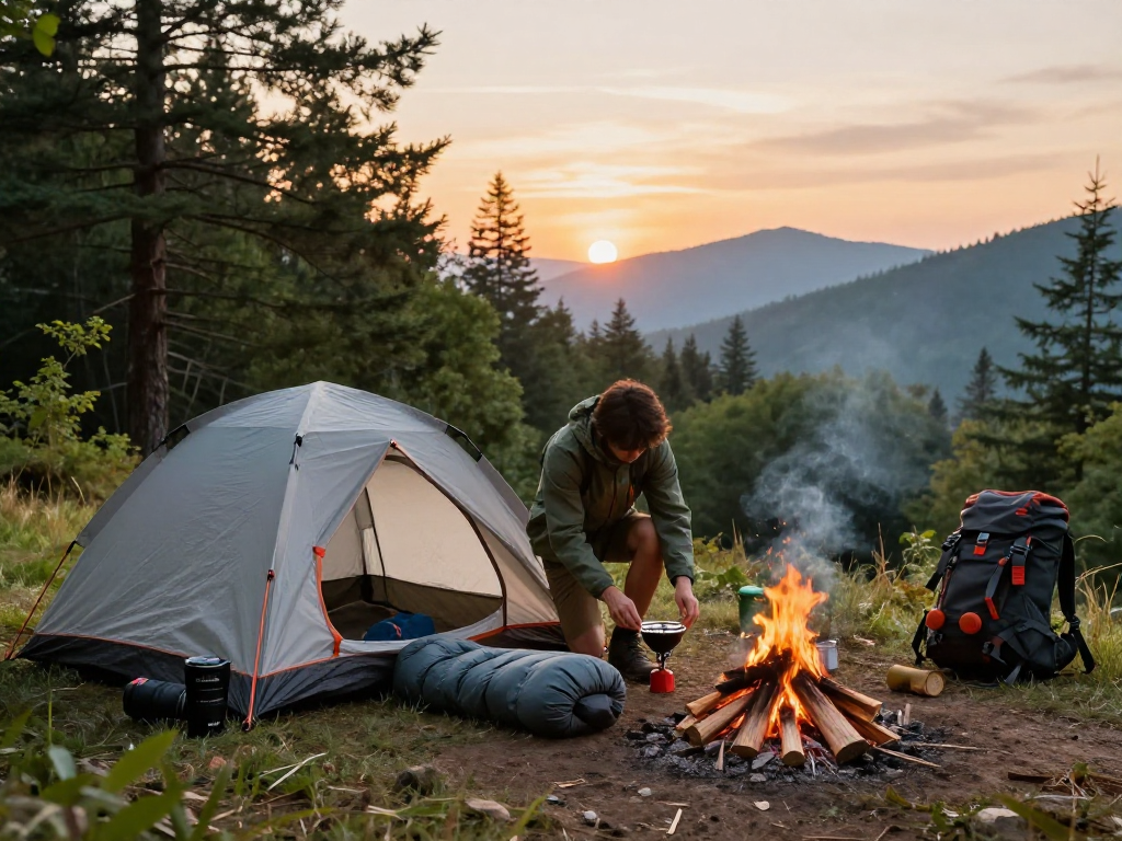 Engaging camping scene showcasing rokok88 login essentials with adventure gear in a serene sunset setting.