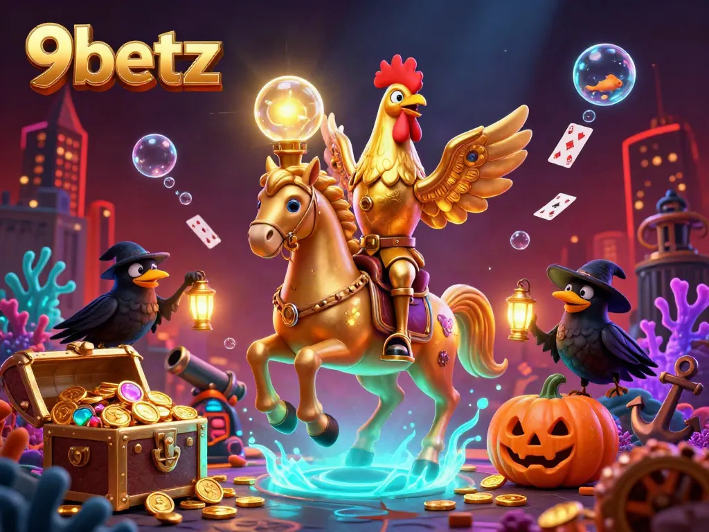 Experience thrilling gaming at 9betz with a golden rooster and glowing elements in a vibrant casino scene.
