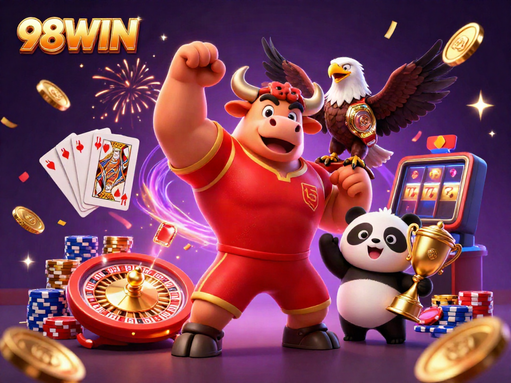 98WIN dynamic victory scene featuring a bull mascot, eagle, and panda amidst casino gems and celebrations.