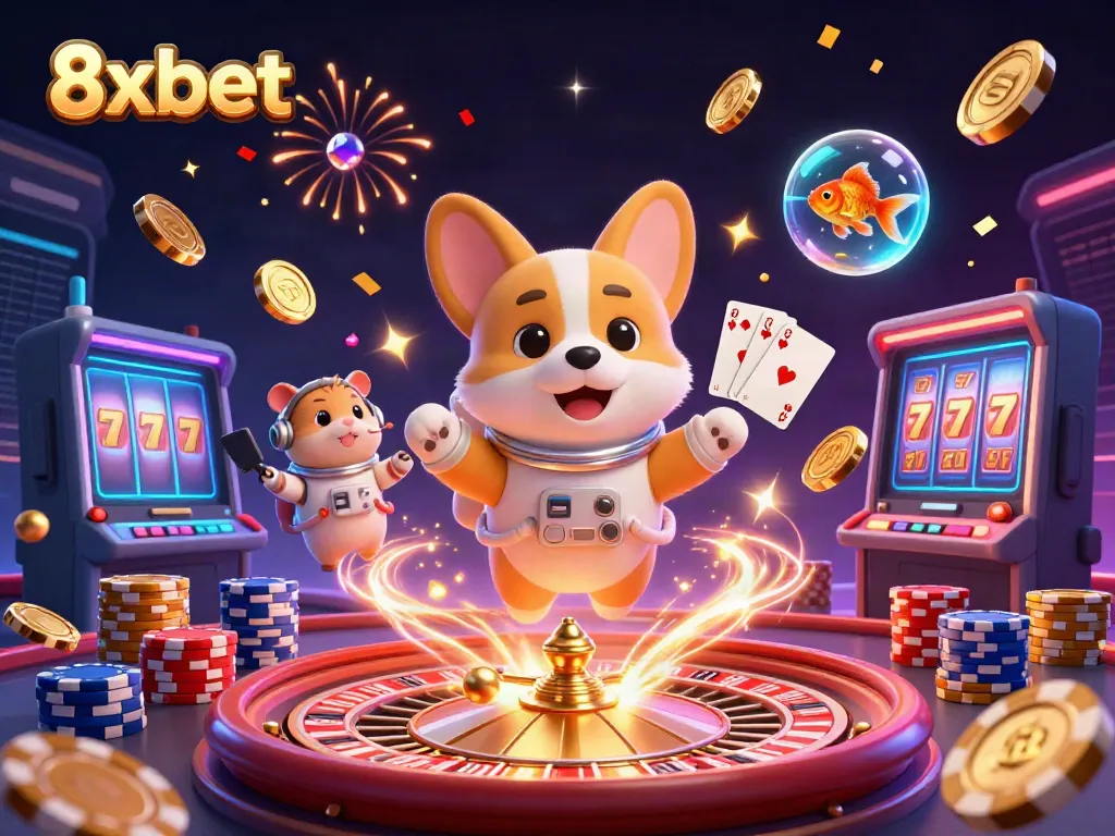 Experience the excitement of 8xbet with a dynamic scene of floating casino elements and characters.