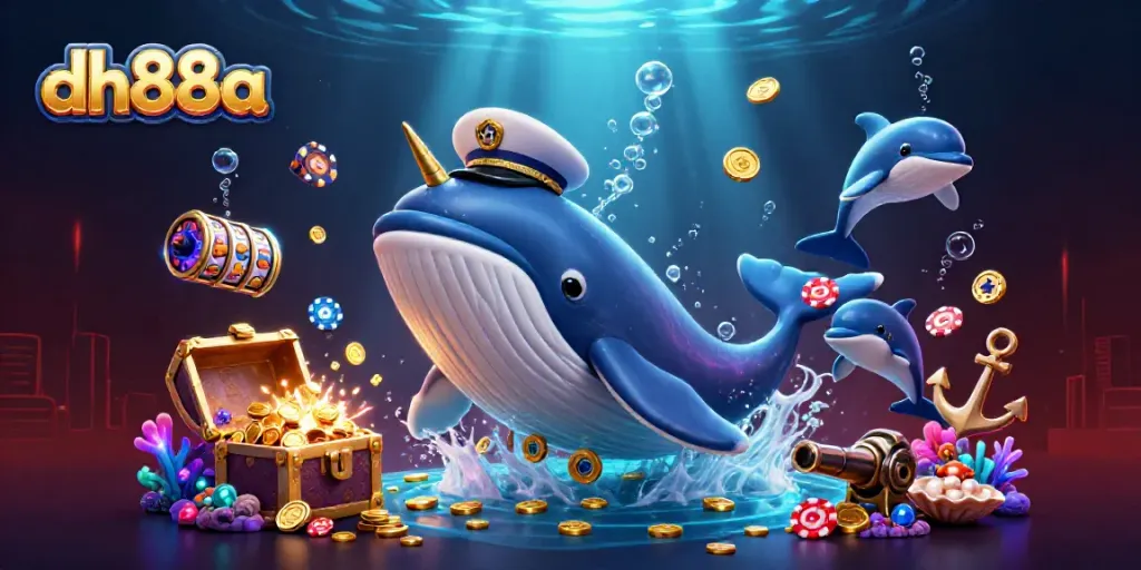 Experience winning thrills with dh88a's exciting casino adventure through a 3D whale surfing on coins.