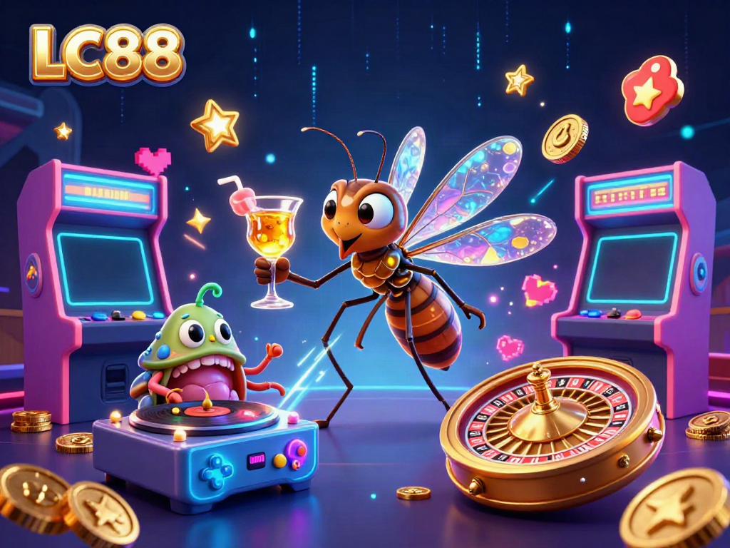 Engage in exhilarating gaming with LC88, featuring a lively casino mascot and neon digital elements.