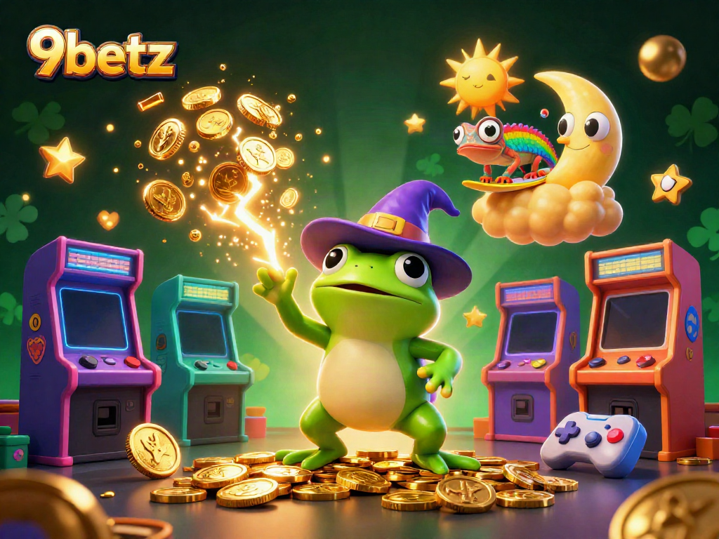 Join the fun at 9betz with a vibrant scene of a wizard frog and chameleon in a casino-themed storm.