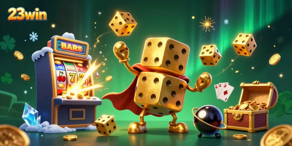 Experience the thrill of 23win with golden dice and a slot machine explosion.