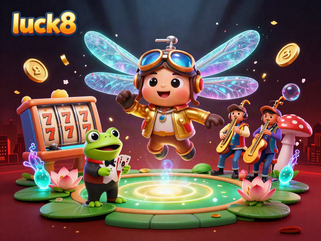 Betting at luck8 in a lively casino scene with a frog and dragonfly, vibrant visuals