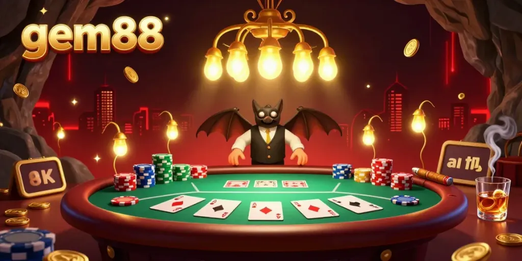 Experience thrilling poker action at gem88 with a cartoon cave casino animated by glowworms lighting the scene.