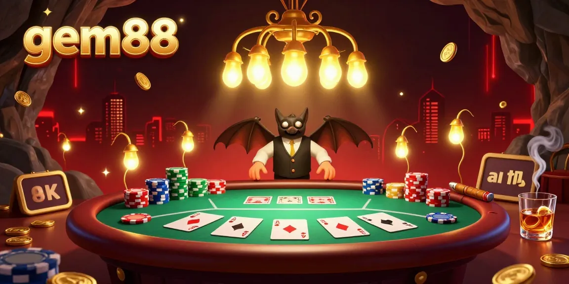 Experience thrilling poker action at gem88 with a cartoon cave casino animated by glowworms lighting the scene.