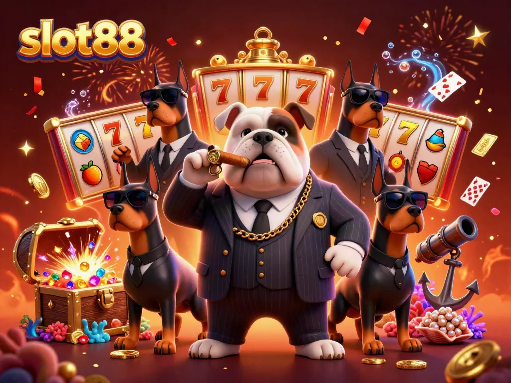 Experience thrilling moments with slot88 as the mafia boss bulldog and bodyguard Dobermans celebrate jackpots in vibrant detail.