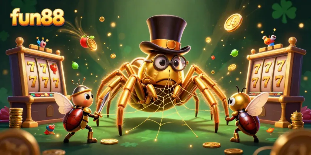 Experience the excitement of fun88 with a colorful 3D illustration of casino characters and slot elements.