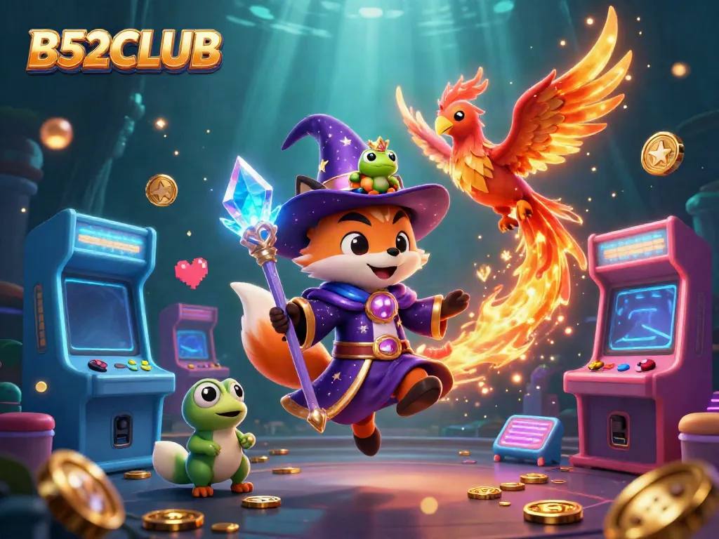 Engage with B52CLUB's magical casino world filled with vibrant characters and arcade games.