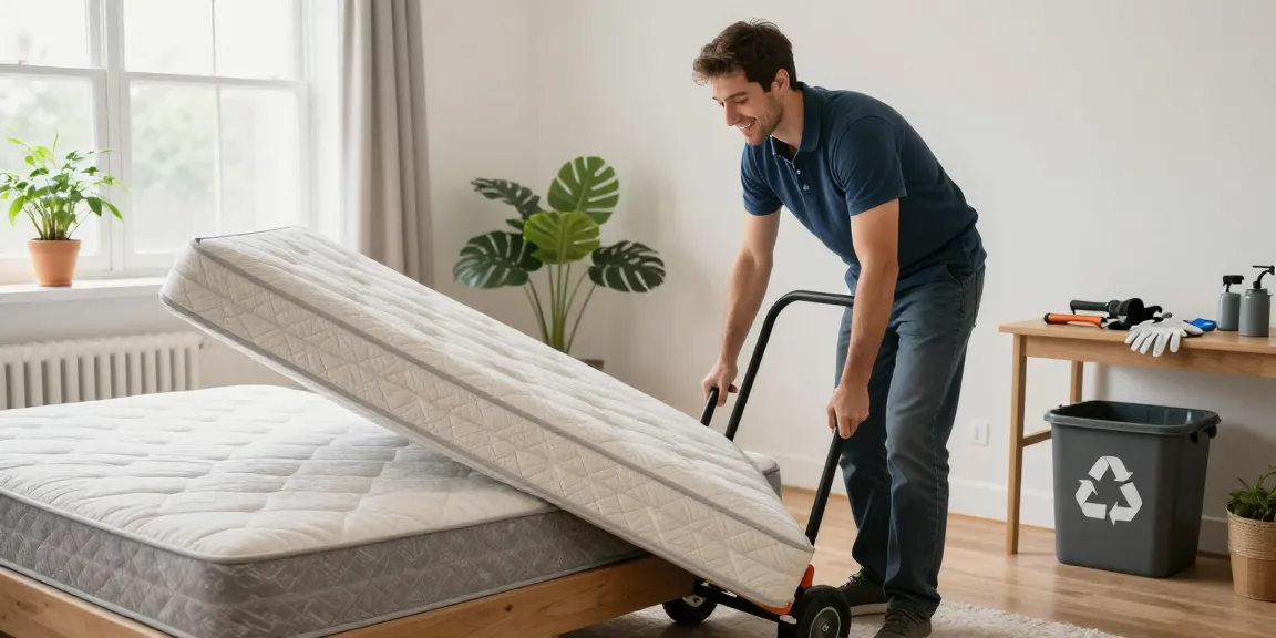 Vancouver Mattress Removal technician helping homeowner lift an old mattress for disposal in a bright, clean bedroom.
