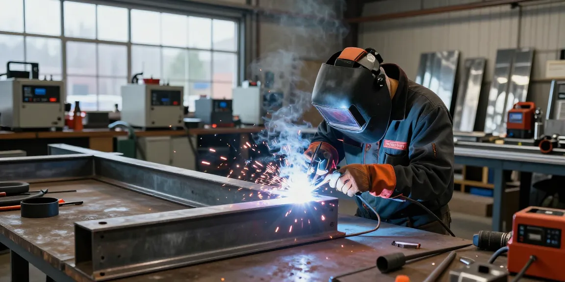 Welding expert in Vancouver, Canada performing MIG welding on steel structure, showcasing craftsmanship and industrial tools in vibrant workshop.