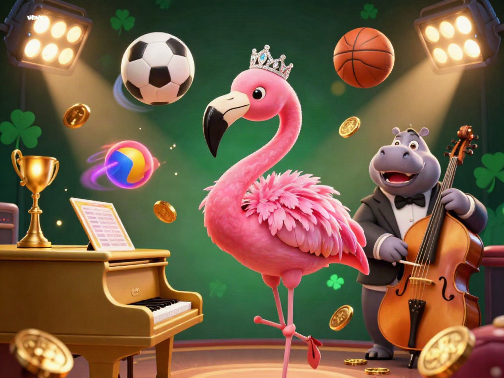 Experience the fun at vipwin with vibrant casino elements, featuring a flamingo singer and a hippo bassist in a lively setting.