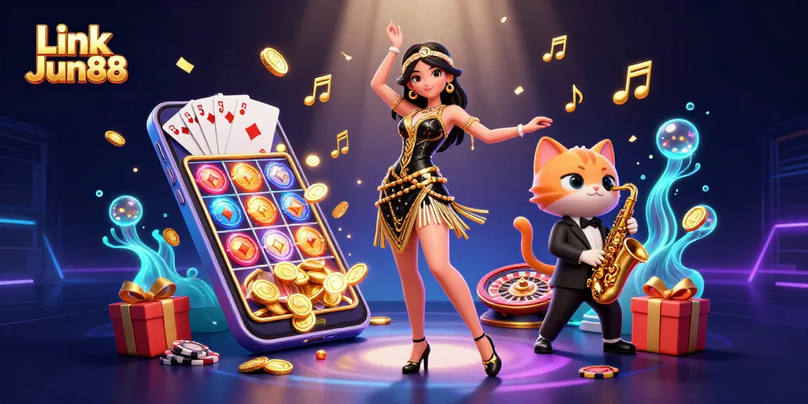 Enjoy winning moments with Link Jun88 in a vibrant 3D casino illustration full of action.