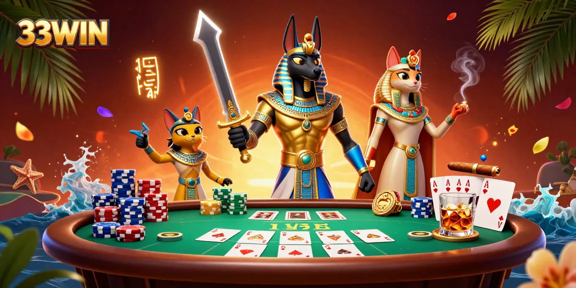 Experience 33WIN with this dynamic 3D illustration of Anubis and Bastet in a poker scene.