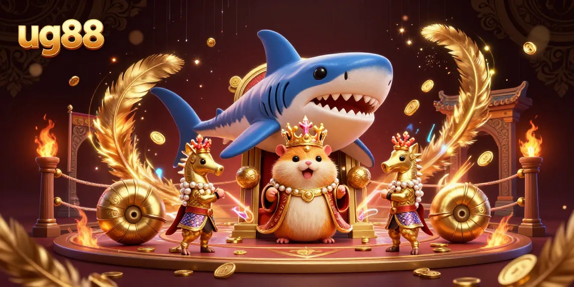 Experience exhilarating action with ug88 as the golden hamster king reigns from his shark throne in an electrifying casino.