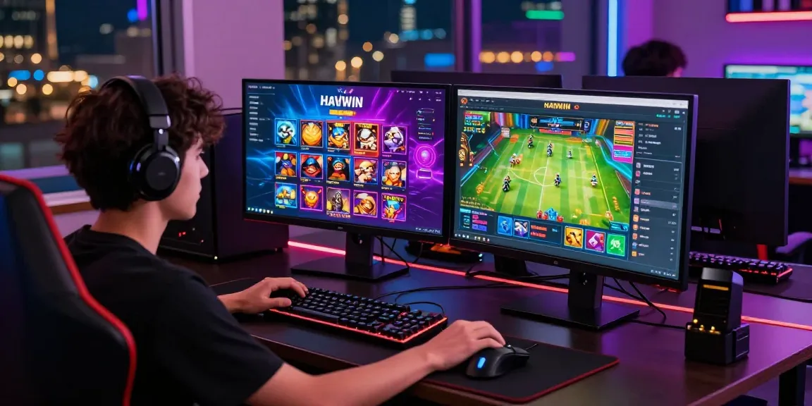 Engaged gamer at HAYWIN online platform featuring diverse game visuals and modern gaming setup.