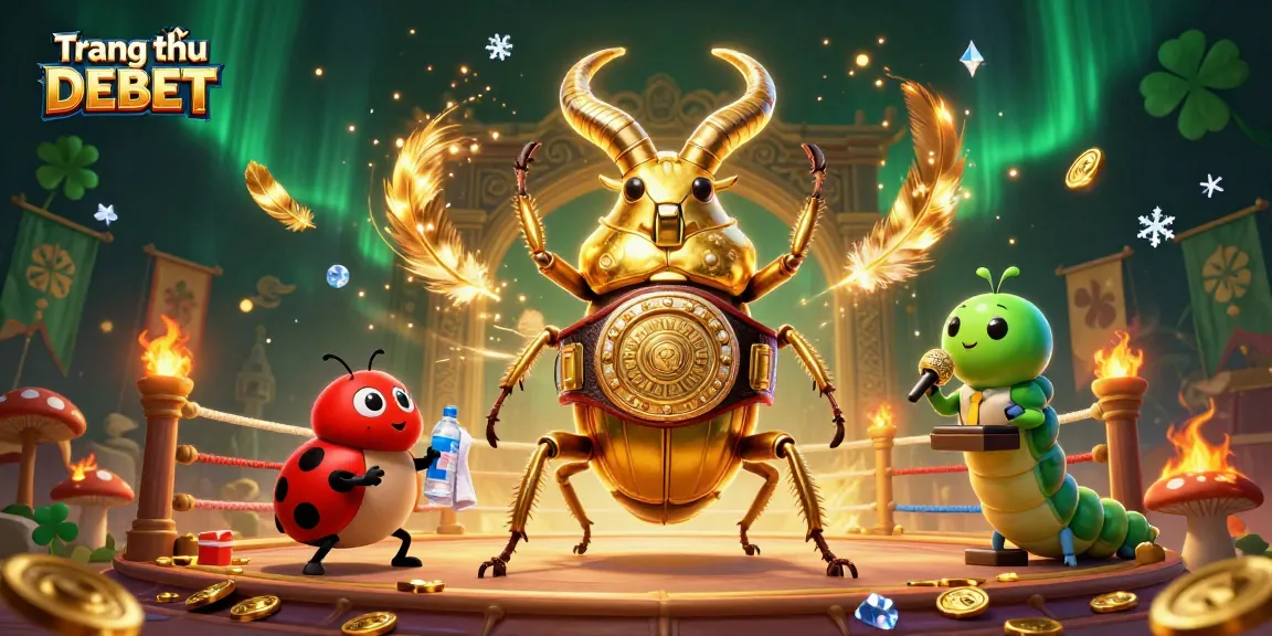 Engage in thrilling gameplay at Trang chủ DEBET with a dynamic illustration featuring a golden stag beetle and vibrant casino elements.