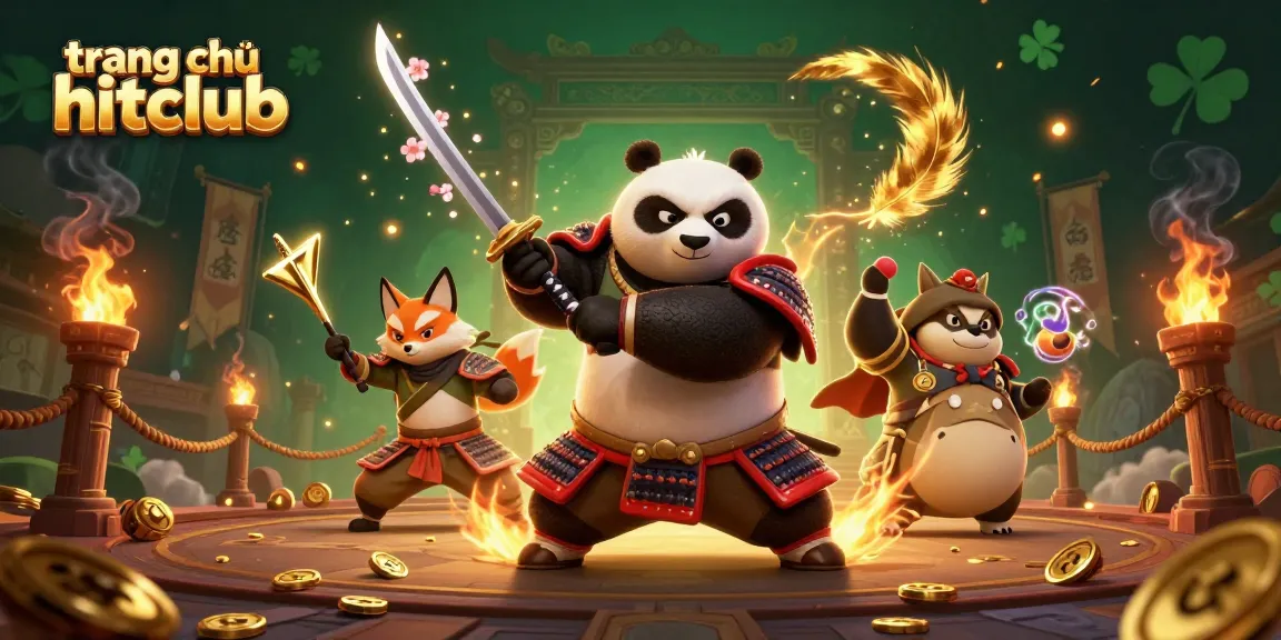 Experience exciting wins at trang chủ hitclub with a 3D illustration of a samurai panda and ninja fox.