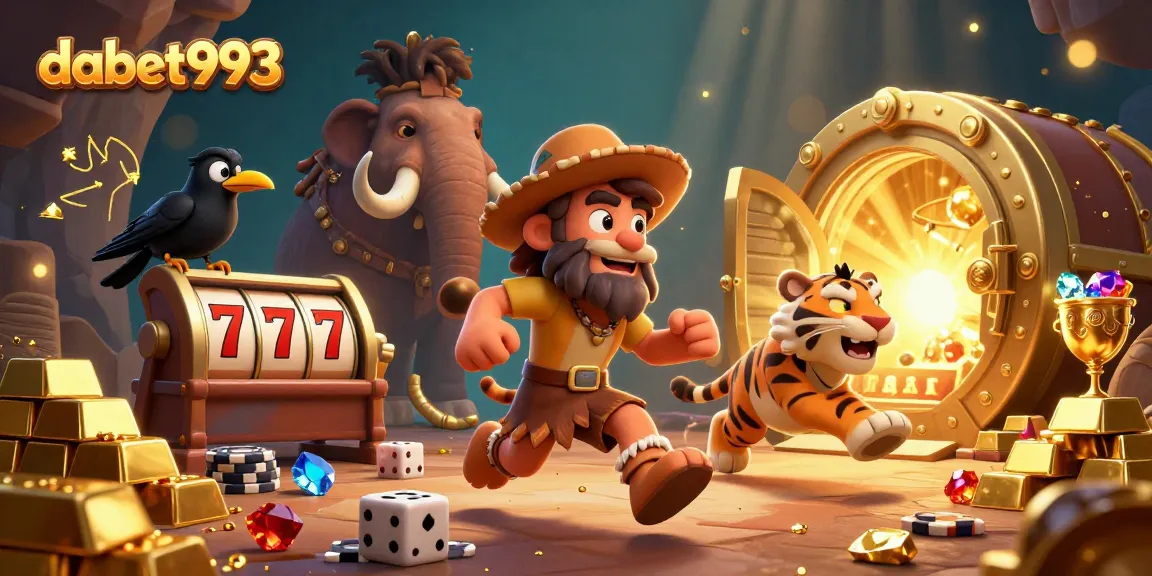 Dabet993 showcases a vibrant gambling scene with animated characters and golden slot machines.