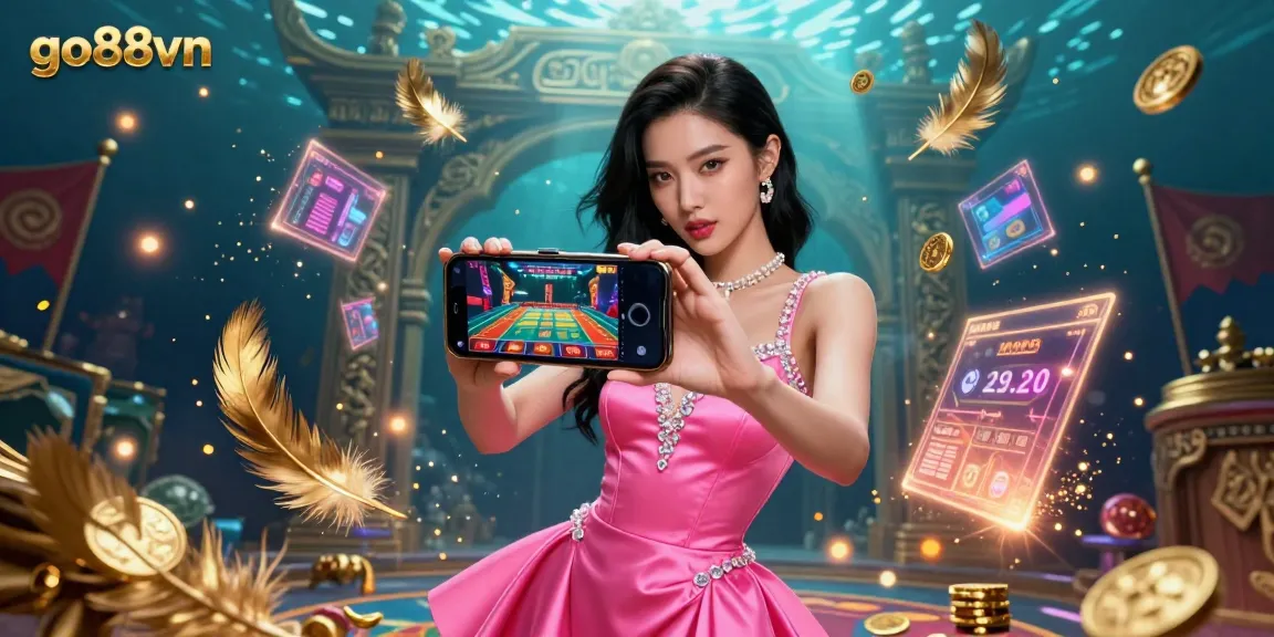 Engage with go88vn at a vibrant Asian casino scene featuring a confident woman interacting with live dealer games and dynamic elements.