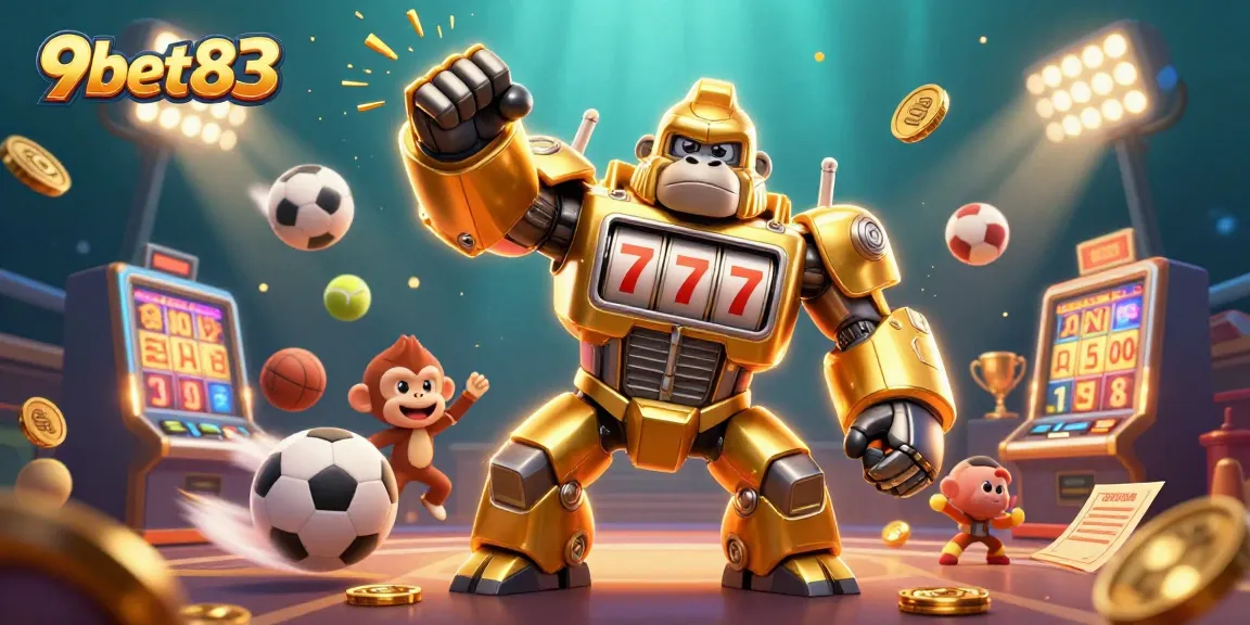 Engage with 9bet83's dynamic gaming experience featuring a powerful golden gorilla mech and sports betting excitement.