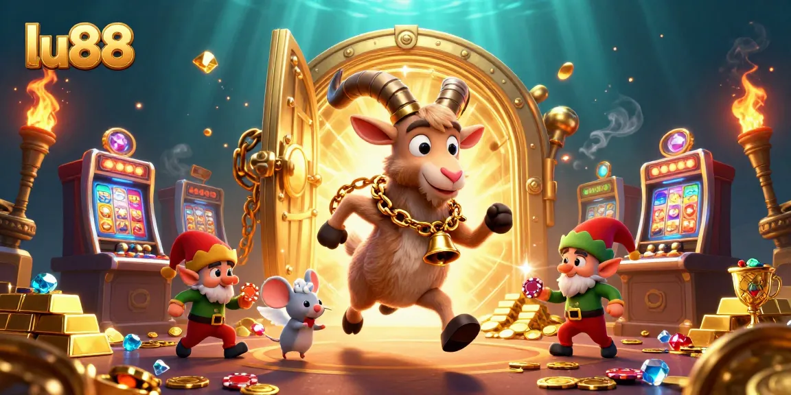 Experience the thrill at lu88 casino with festive characters in a dynamic, colorful scene.
