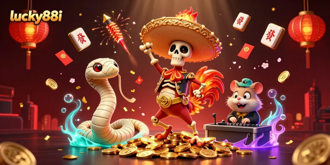 Engage in exciting gameplay at lucky88i, highlighted by a skeleton mariachi rooster and vibrant gaming elements.