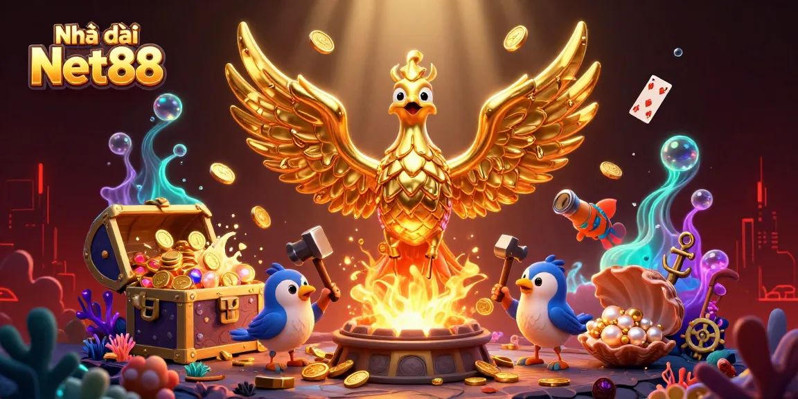 Engage with Nhà cái Net88 featuring a molten golden phoenix and vibrant casino elements.