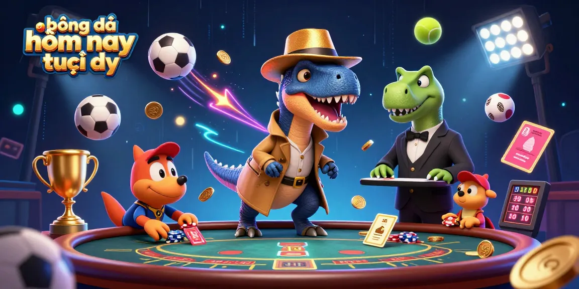 Engage with bóng đá hôm nay trực tiếp in this vibrant 3D gambling scene, featuring lively sports elements and cartoon characters in action.