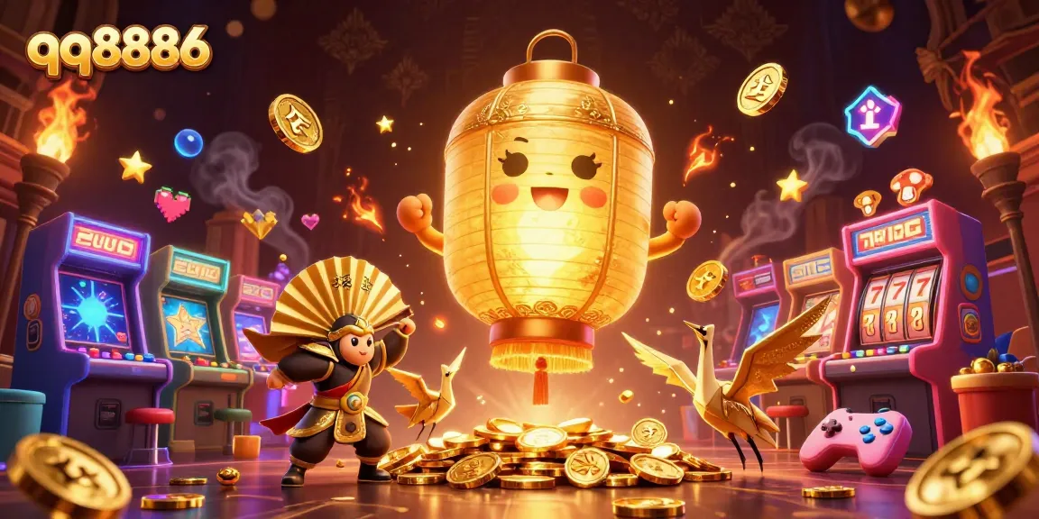 Engage in exciting gameplay with qq8886's vibrant casino atmosphere showcasing golden lantern spirits and dynamic game machines.