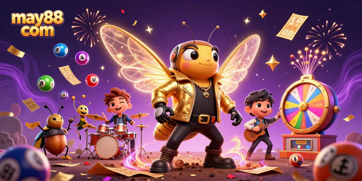 Win big with may88 com's dynamic lottery scene featuring exciting game elements and characters.