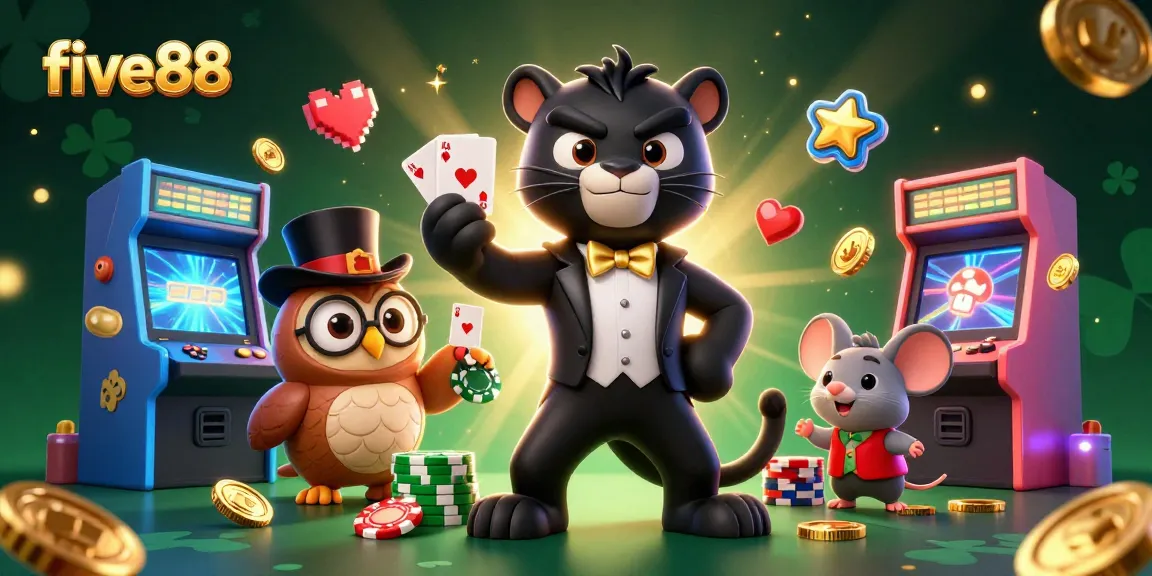 Experience the excitement of five88 with a stylish panther dealing cards in a dazzling casino scene.