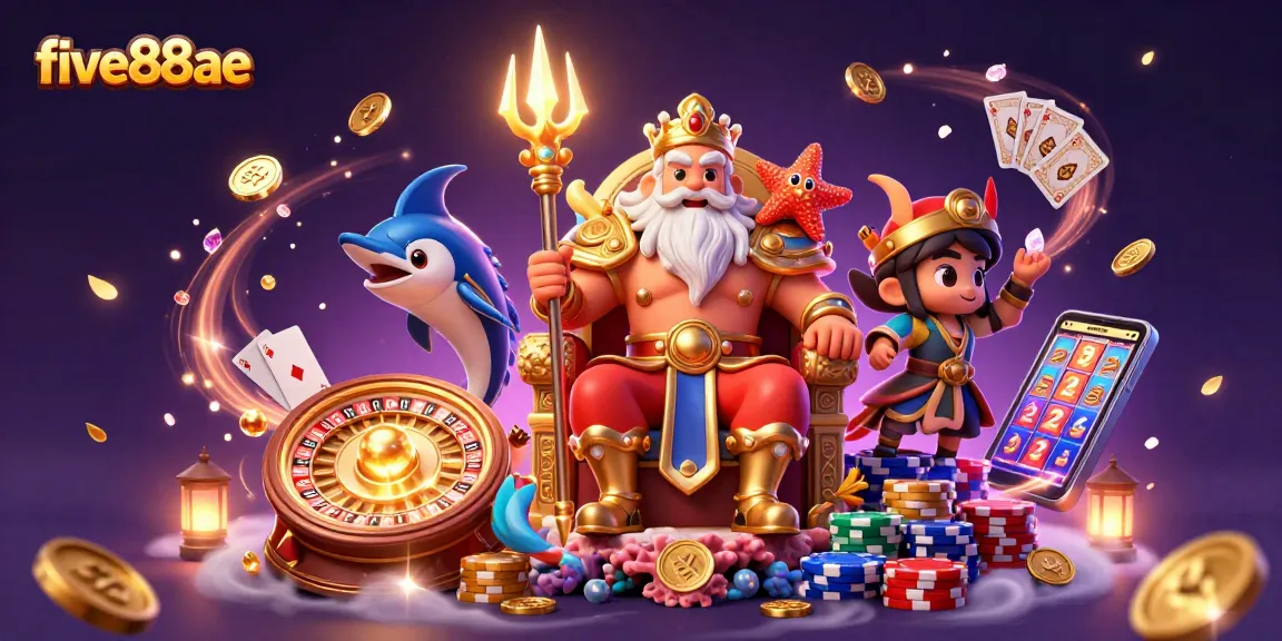 Experience the excitement of five88ae with Neptune and lively casino elements in an engaging 3D scene.