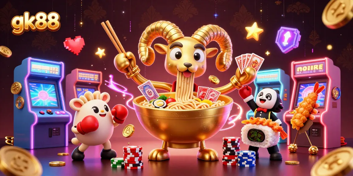 Engage in the thrilling world of gk88 casino games with vibrant 3D illustrations featuring lively characters and game elements.