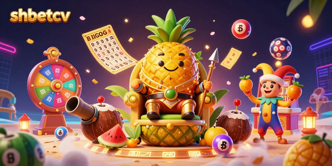 Spin and win with shbetcv at a vibrant casino scene featuring a golden pineapple king and lively elements.