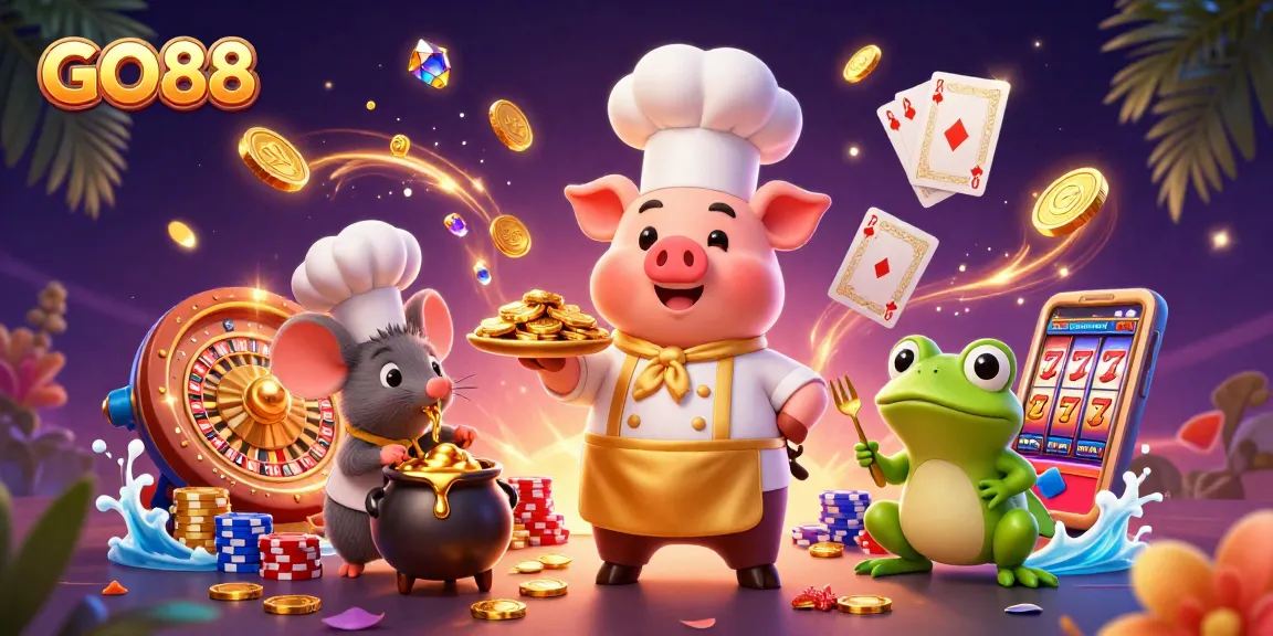 GO88 game scene featuring a chef pig serving gold coins, surrounded by vibrant casino elements.