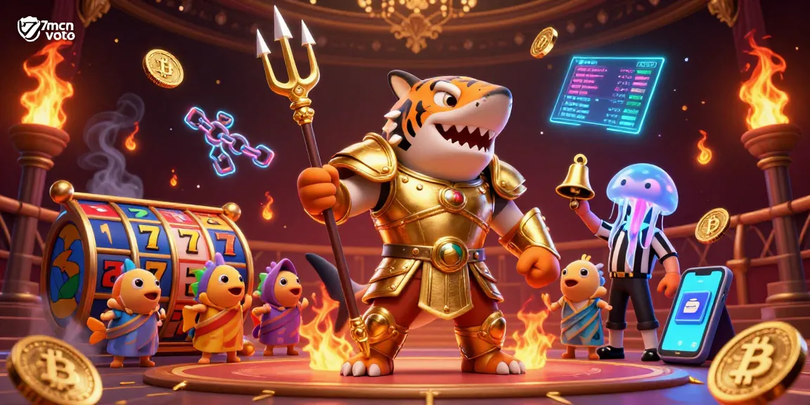 Experience 7mcn voto in an underwater casino with a tiger shark amidst slot reels and crypto coins.