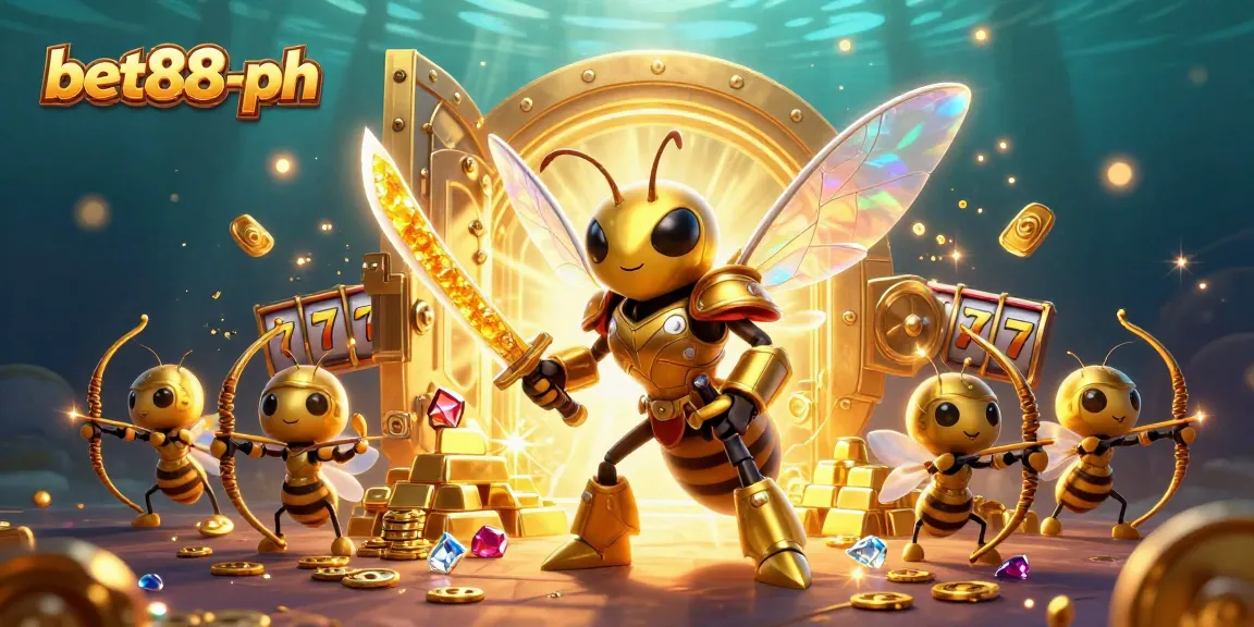 Experience the thrill of bet88-ph with a golden hornet in a casino adventure filled with treasures and slot reels.