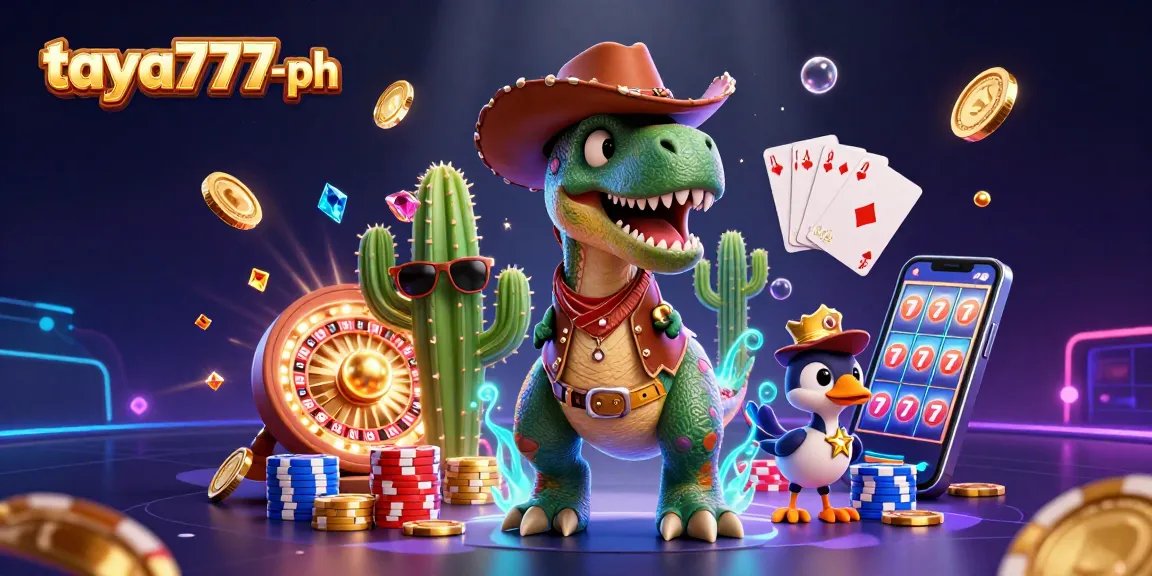 Taya777-ph illustration captures a cowboy T-Rex amidst slots and casino symbols, enhancing gaming excitement.